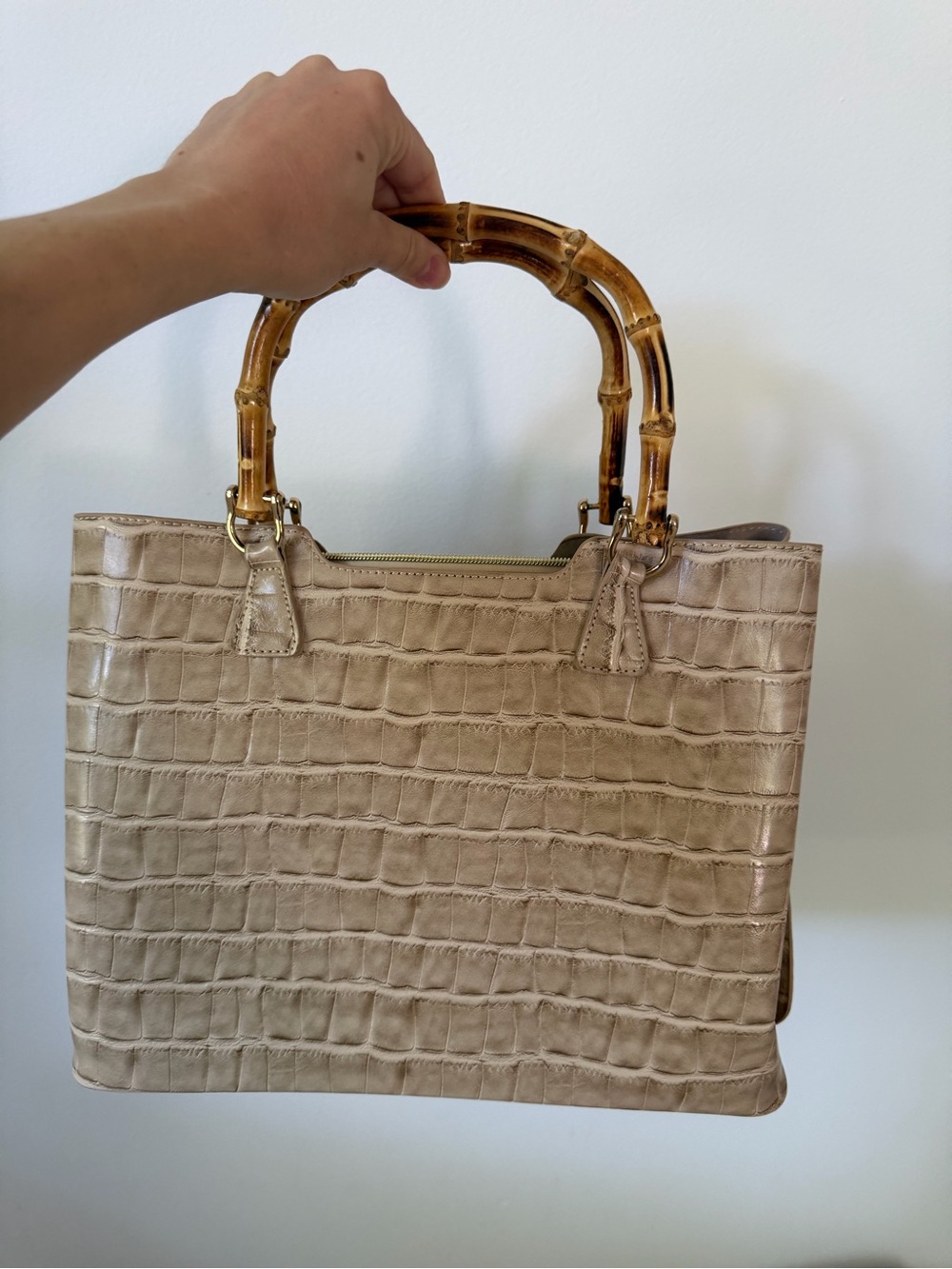 Luxury Structured  Faux Croc Satchel Bag Beige Handbag with Bamboo Top Handles